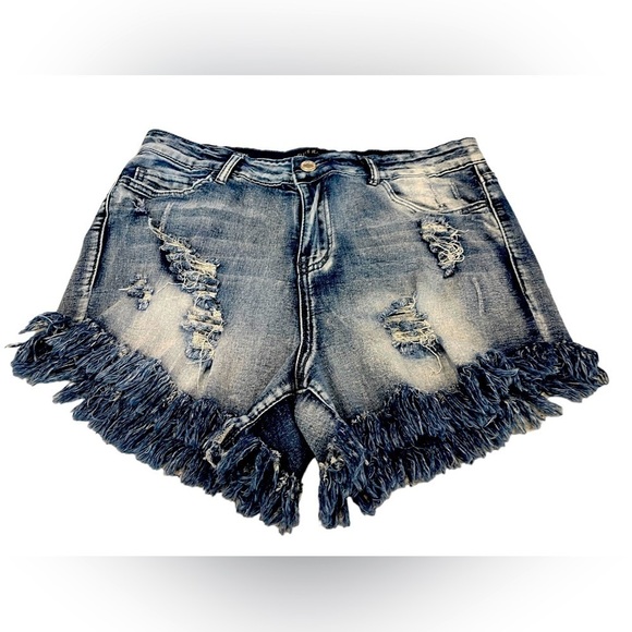 Elite Jeans Distressed Daisy Duke Fringe High Rise Wedgie Denim Jean Shorts - Picture 1 of 7